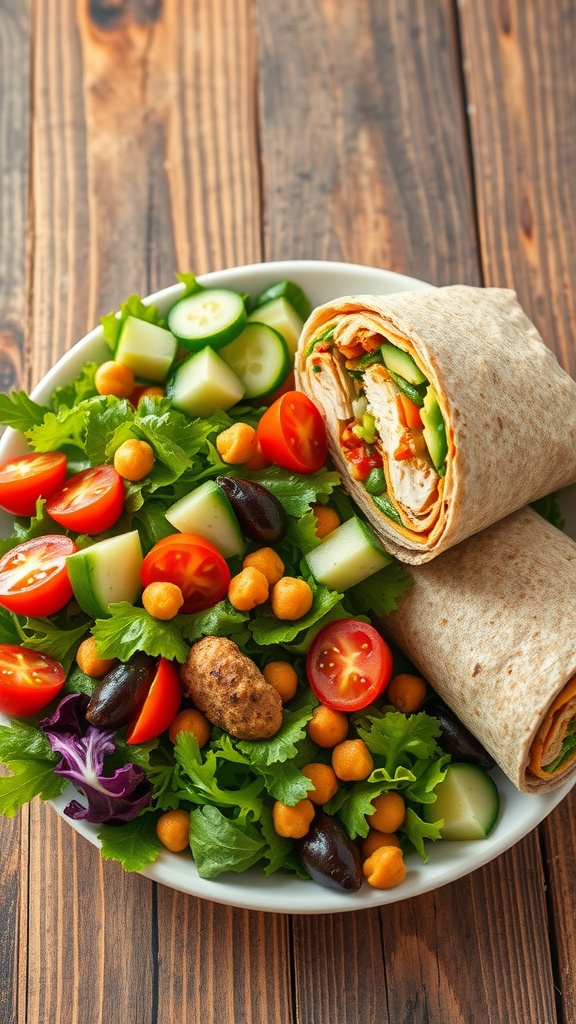 A healthy lunch spread with fresh salad, a chicken wrap, and colorful ingredients on a wooden table.